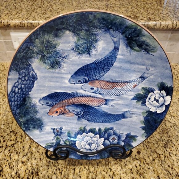 Vintage Japanese Porcelain Koi Fish & Lotus Floral 12.5” Serving Platter - Picture 1 of 6